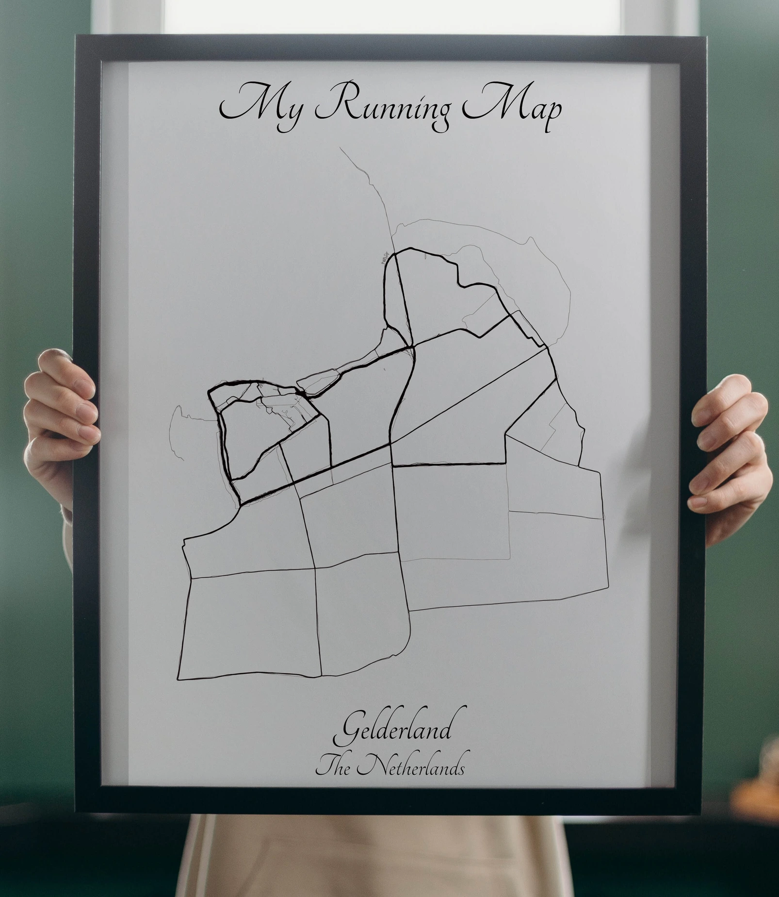 Example of a framed customized Strava activities heatmap poster.