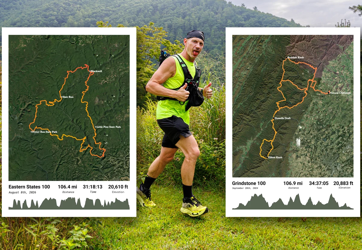 Greg on a mountain trail between his Eastern States 100 and Grindstone 100 ultramarathon posters, Pennsylvania