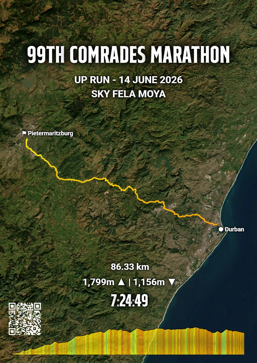 99th Comrades Marathon Up Run poster on a satellite map, Durban to Pietermaritzburg