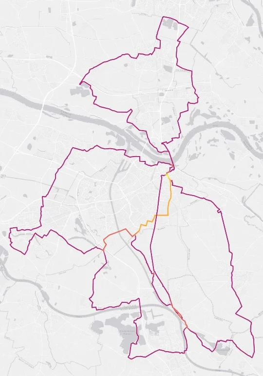 A four-day walking route colored by Density, with the shared start and finish streets glowing brighter than the parts only walked once