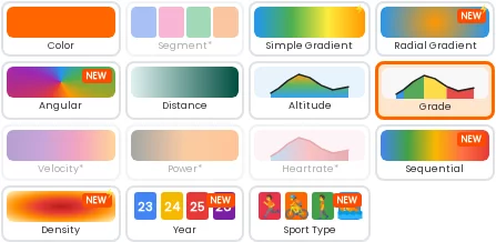 Grid of every coloring mode: Color, Segment, Simple Gradient, Radial Gradient, Angular, Sequential, Density, Year, Sport Type, Altitude, Grade, Velocity, Power, Heartrate and Distance