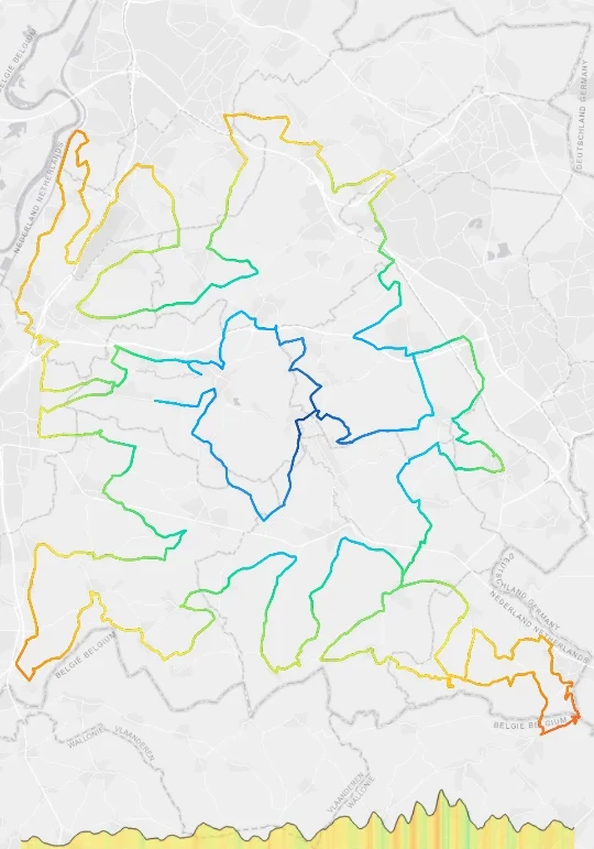 A loop cycling route colored with Radial Gradient, rings of color radiating from the map center