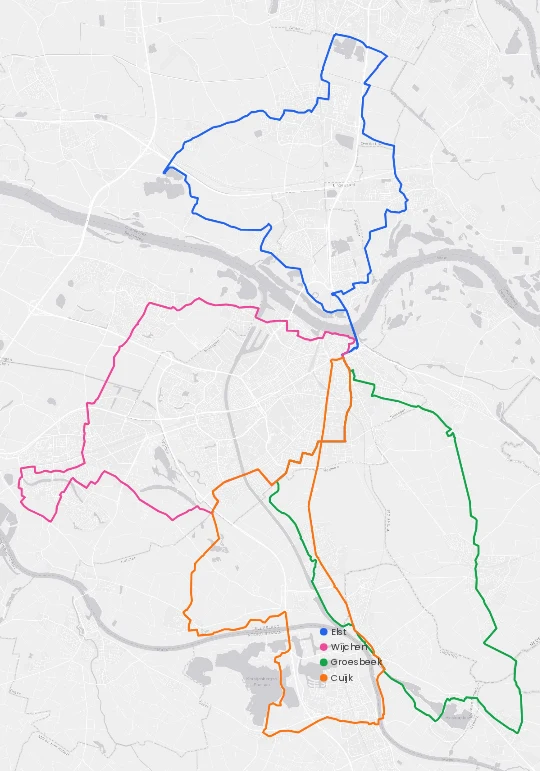 A four-day hiking trip shown as four separate colored routes, blue, pink, green and orange