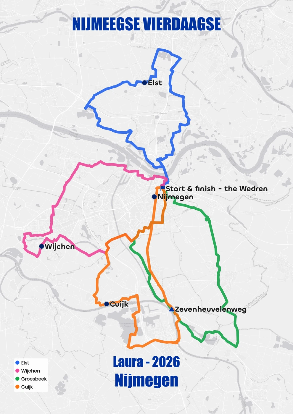 Custom Nijmegen Four Days Marches poster with the four day routes in blue, pink, green and orange, a day-by-day legend, and highlight pins for the start/finish and each day's landmark