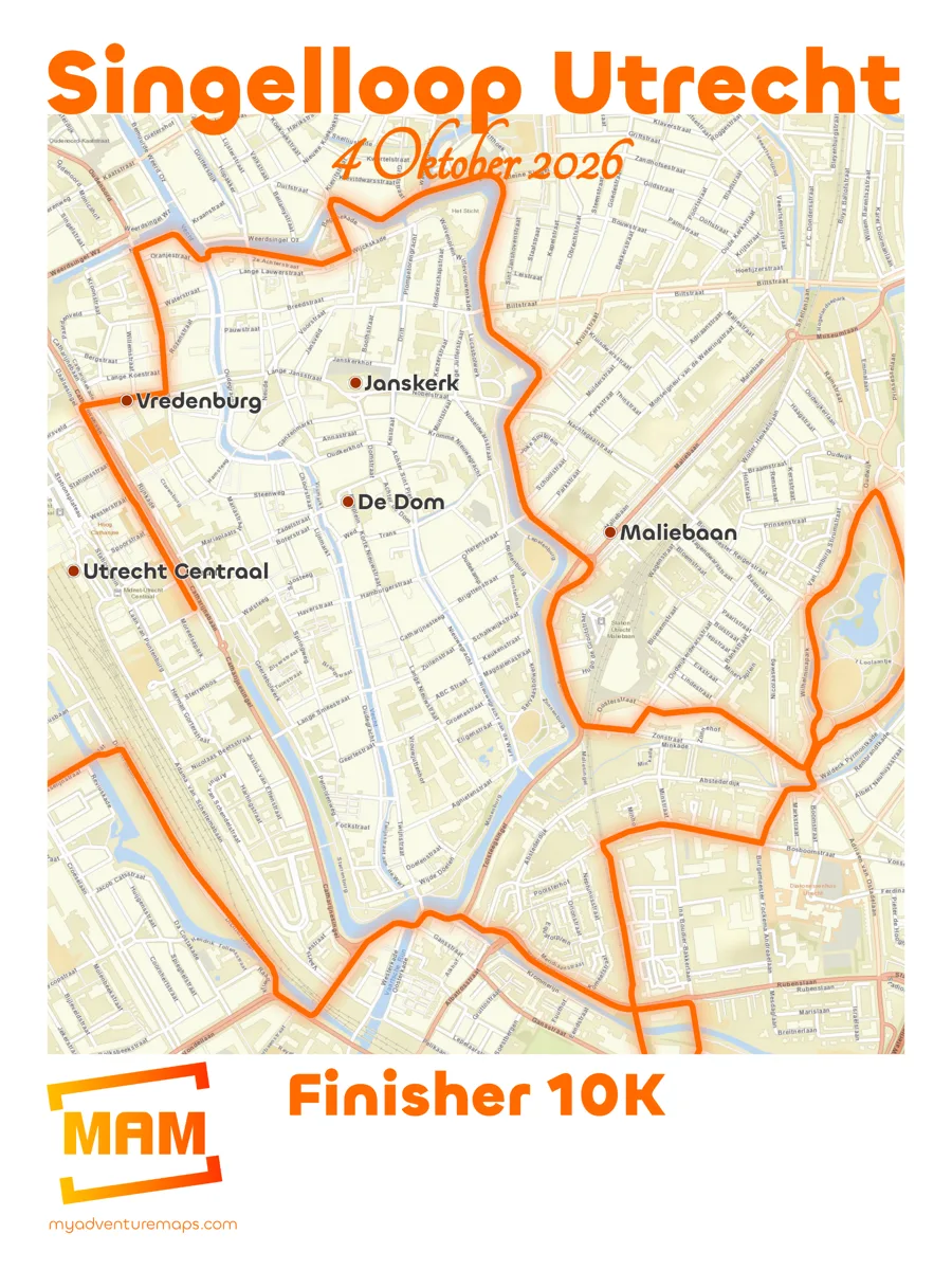 Singelloop Utrecht 10K finisher poster in orange on a street map of Utrecht, with Vredenburg, Janskerk, De Dom, Maliebaan and Utrecht Centraal marked